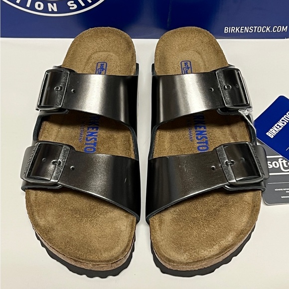 BIRKENSTOCK Arizona Soft Footbed Leather Sandals Metallic Anthracite Size 37 M N - Picture 8 of 12